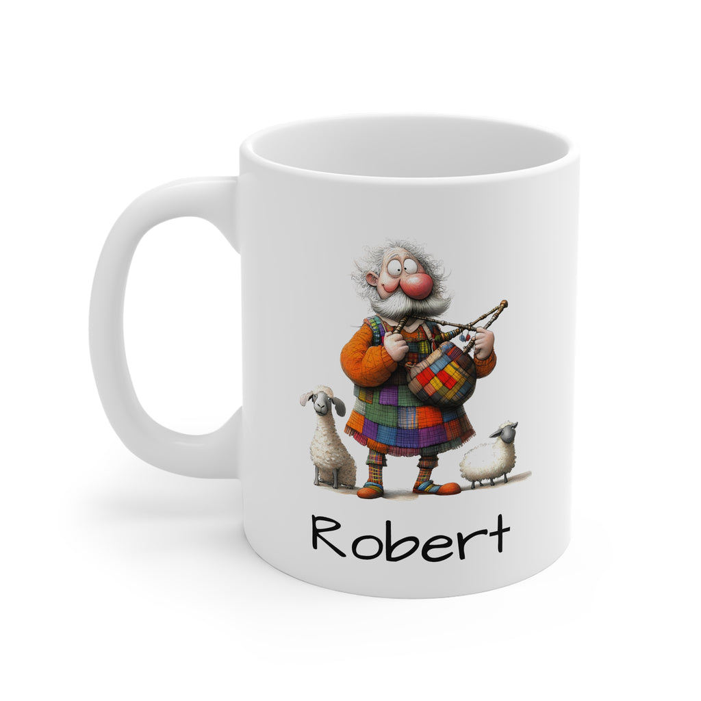 Scottish Bagpipe Mug — Personalized "Scottish Man & Sheep" 11oz White