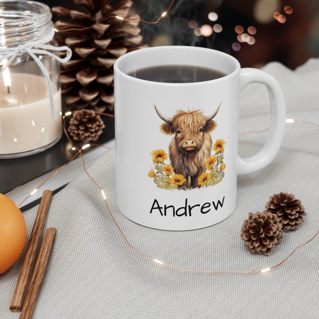 Personalized Highland Cow Mug — Floral Cow Coffee Cup with Name (e.g., Andrew)