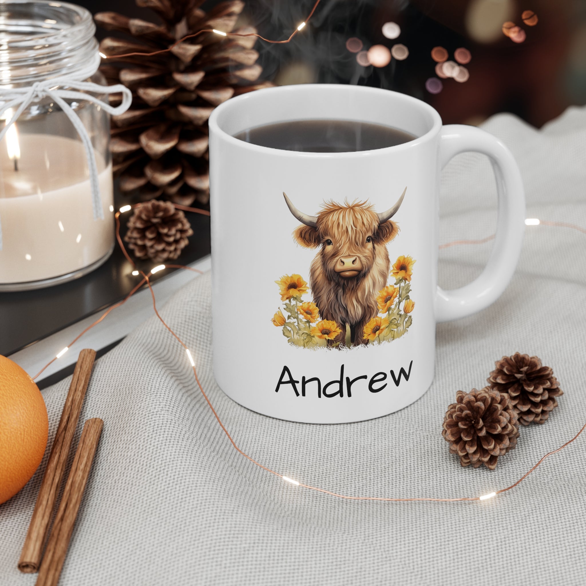 Personalized Highland Cow Mug — Floral Cow Coffee Cup with Name (e.g., Andrew)