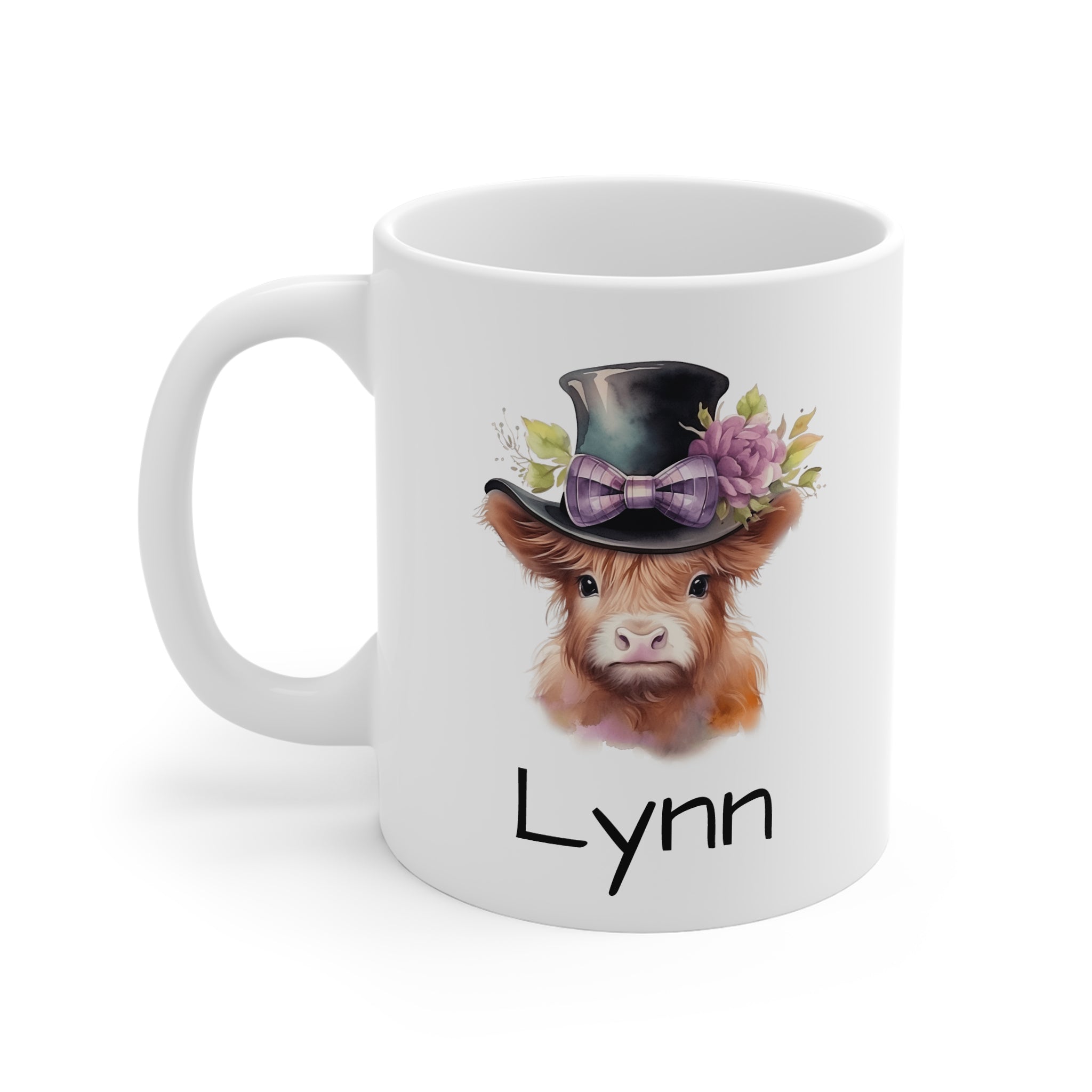 Personalized Highland Cow Mug — Floral Cow Coffee Cup with Name (e.g., Lynn)