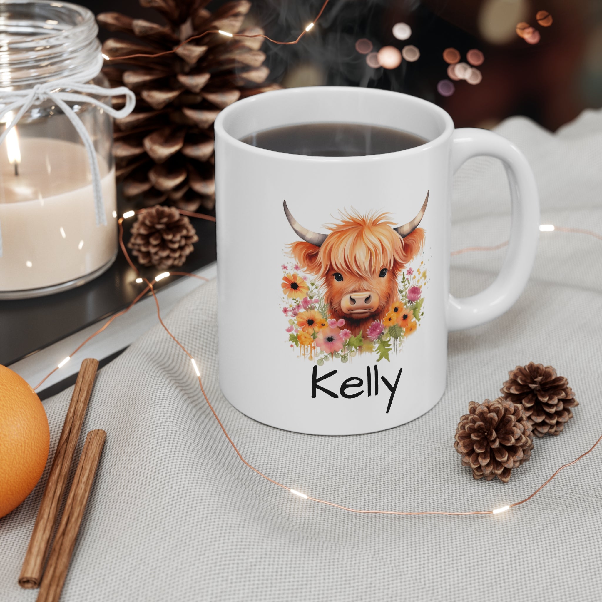 Personalized Highland Cow Mug — Floral Cow Coffee Cup with Name (e.g., Kelly)