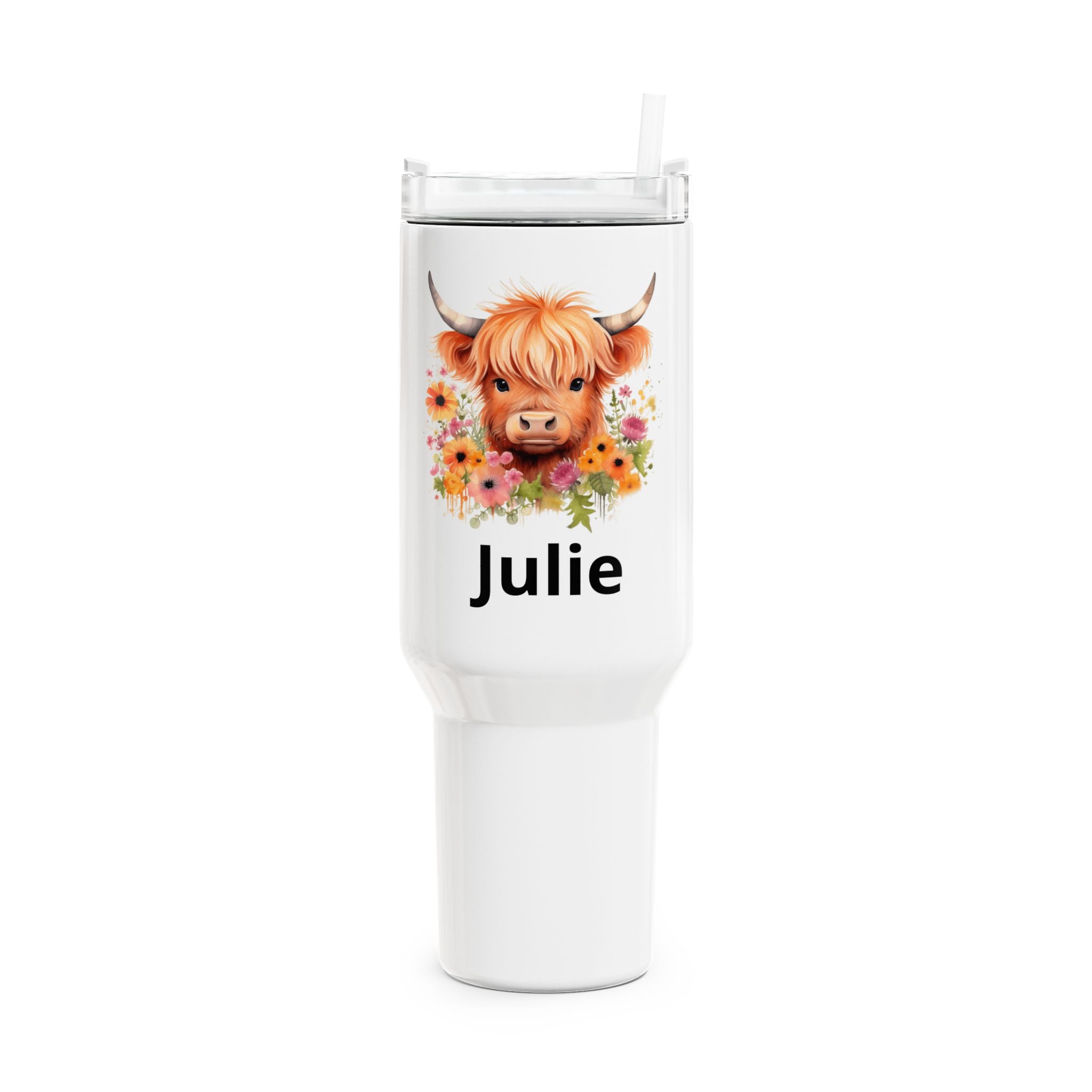 Personalized 40oz Tumbler – Cute Highland Cow Floral Design (Custom Name)