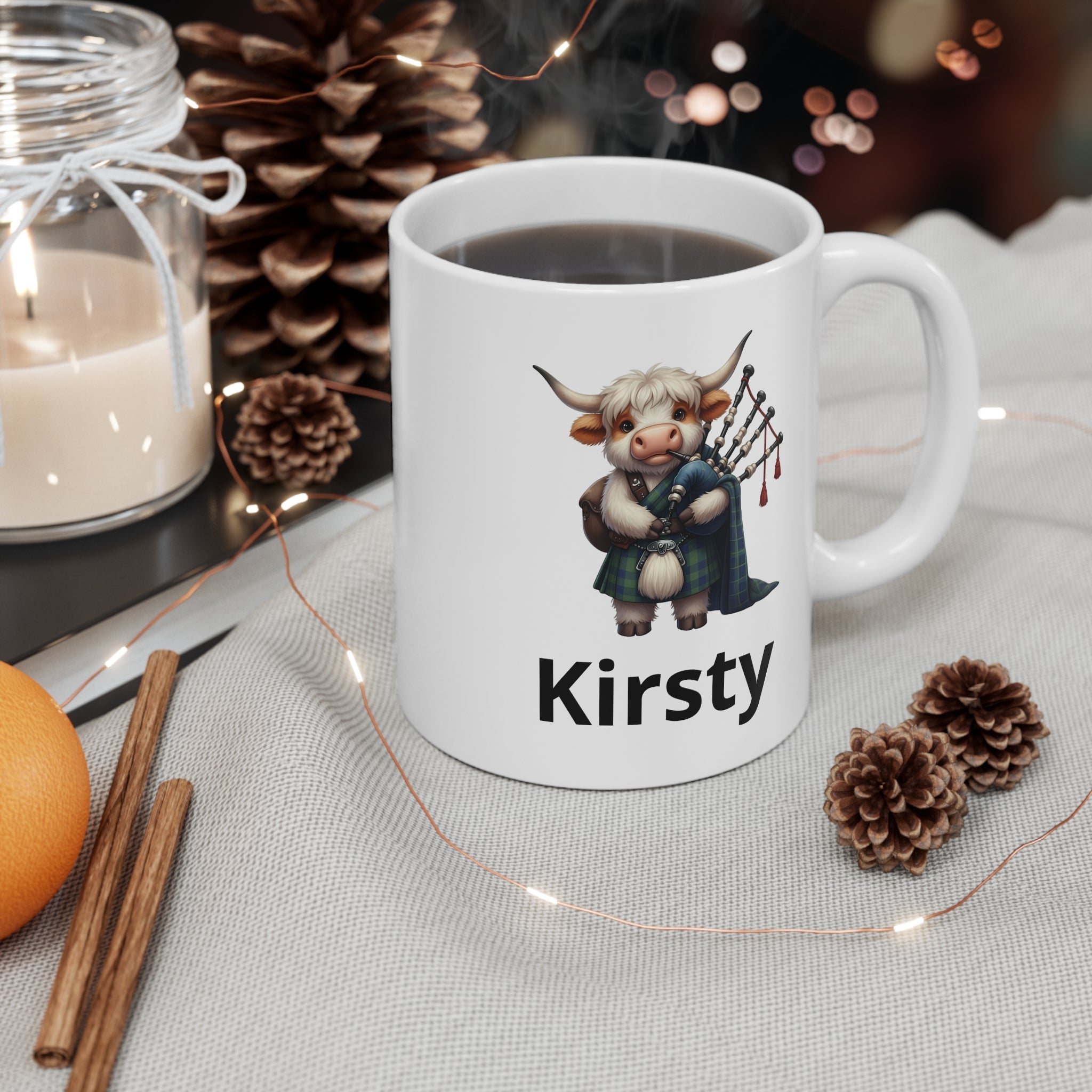 Scottish Cow Bagpipe Mug  blue — Personalized Name Coffee Cup
