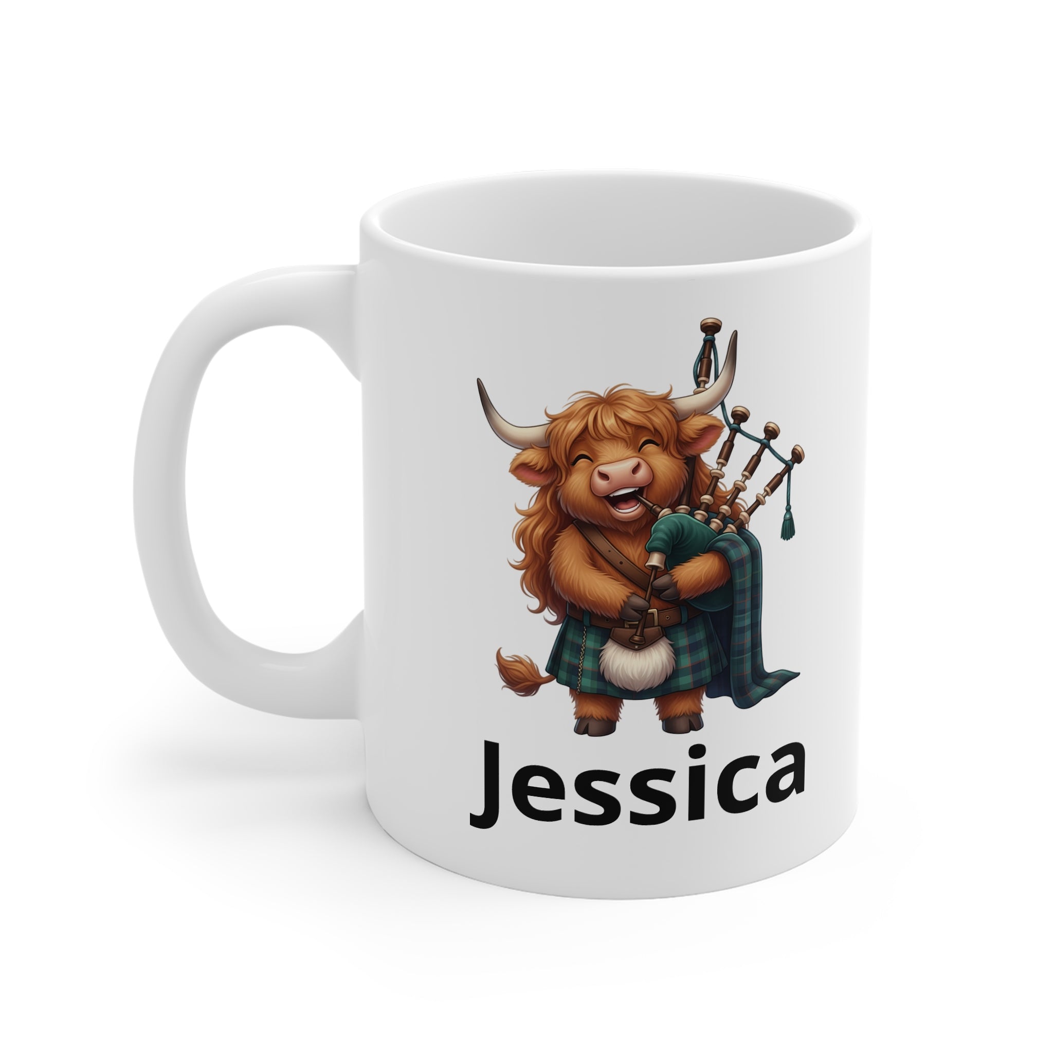 Scottish Laughing Cow Bagpipe Mug   - Personalized Name Coffee Cup