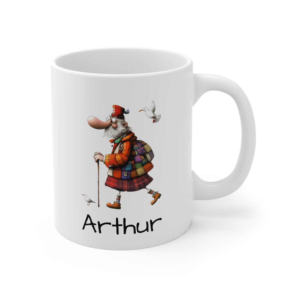 Personalised Scottish Hiking Mug — Scottish Man & Seagull Design (11oz White)