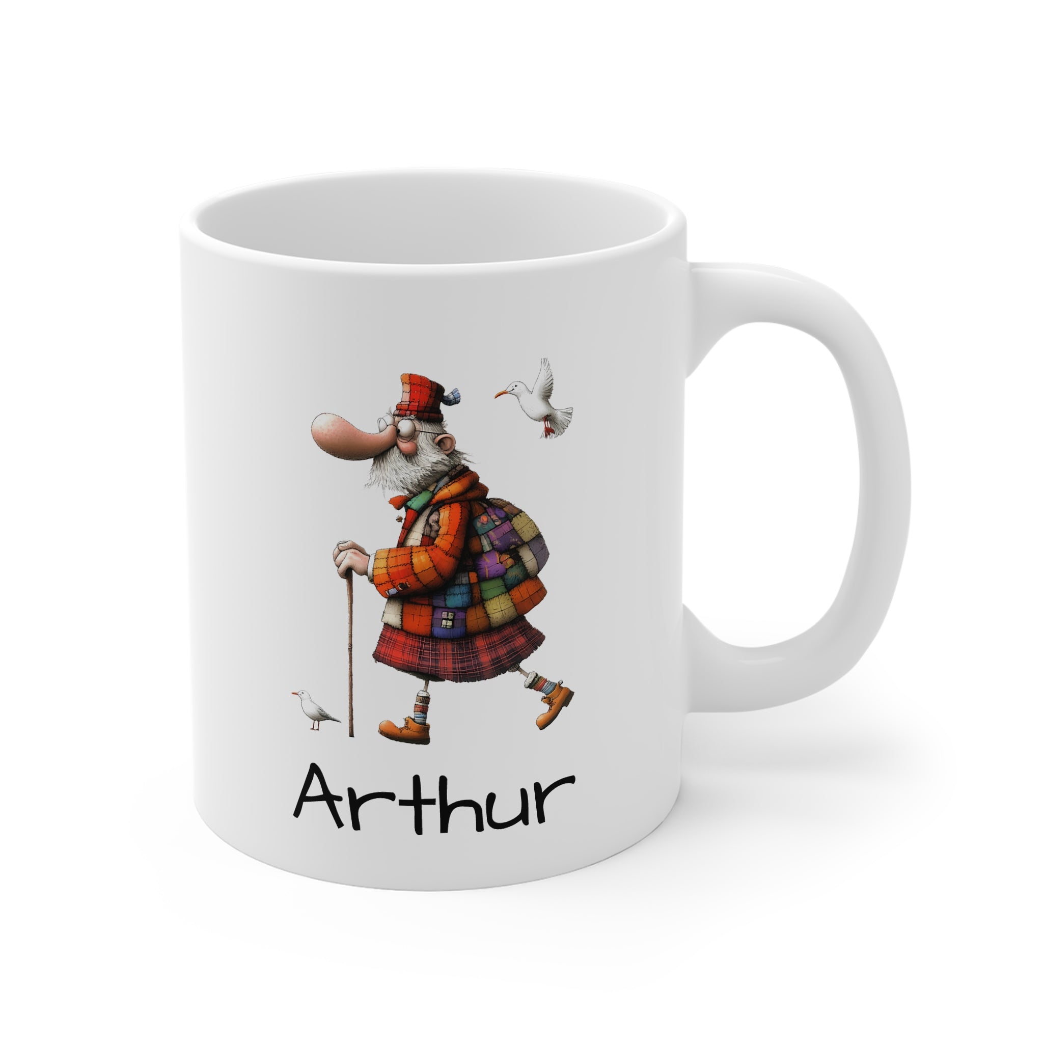 Personalised Scottish Hiking Mug — Scottish Man & Seagull Design (11oz White)