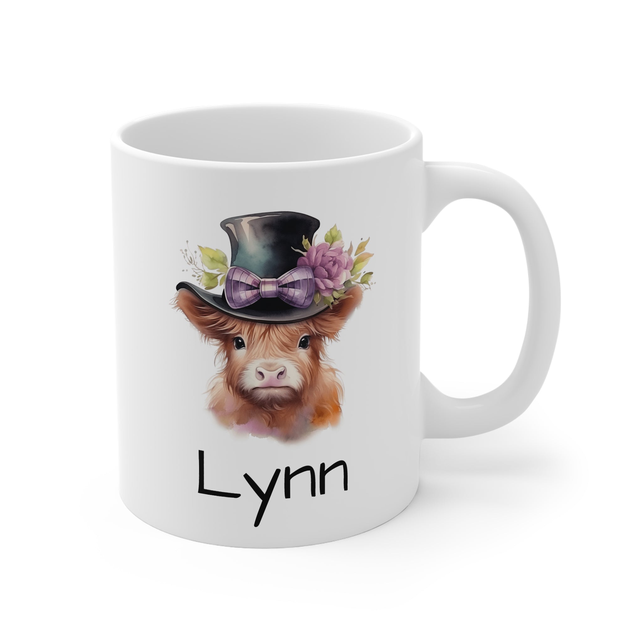 Personalized Highland Cow Mug — Floral Cow Coffee Cup with Name (e.g., Lynn)