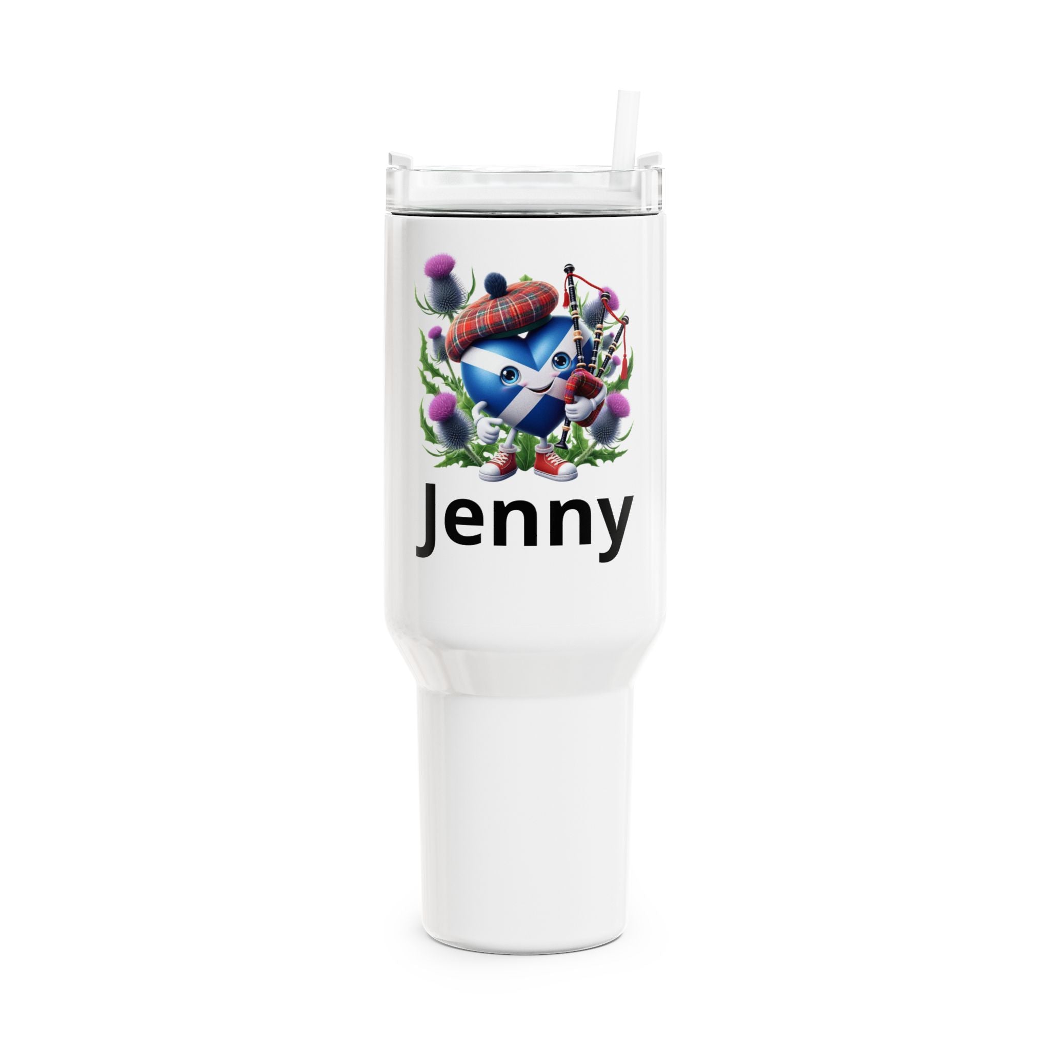Personalized 40oz Tumbler — Cute Blue Scottish Heart Thistle Design with Name (Jenny)
