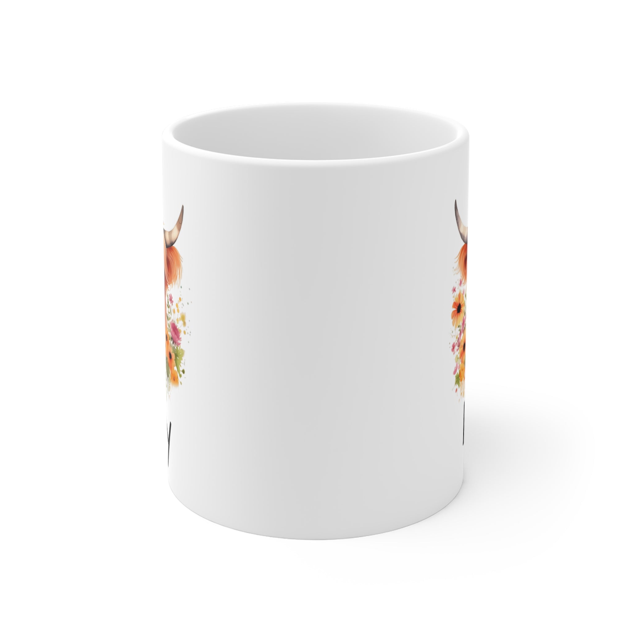 Personalized Highland Cow Mug — Floral Cow Coffee Cup with Name (e.g., Kelly)