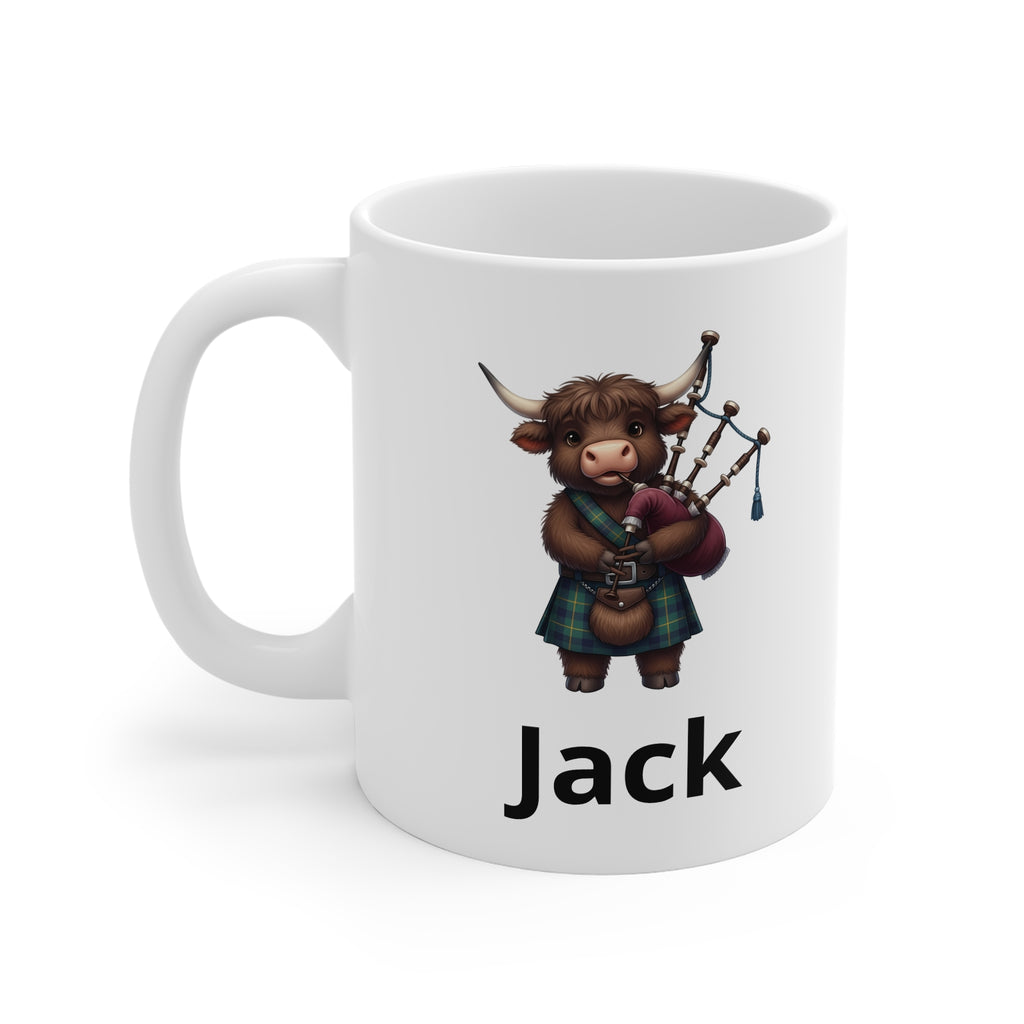Scottish Cow Bagpipe Mug  green kilt — Personalized Name Coffee Cup