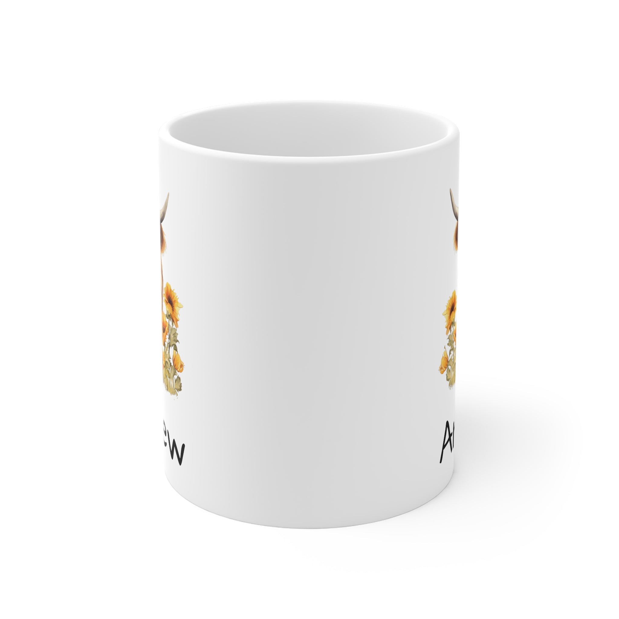 Personalized Highland Cow Mug — Floral Cow Coffee Cup with Name (e.g., Andrew)