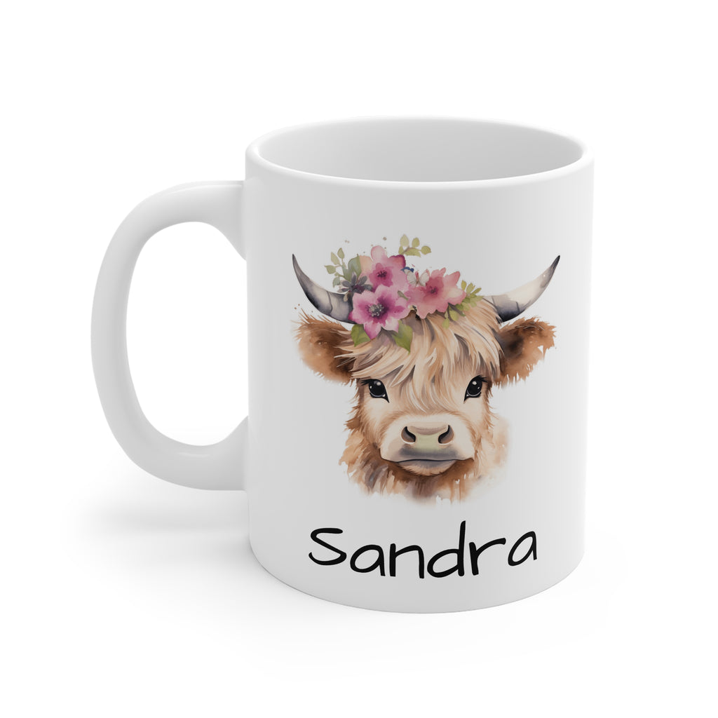Personalized Highland Cow Mug — Floral Cow Coffee Cup with Name (e.g., Sandra)
