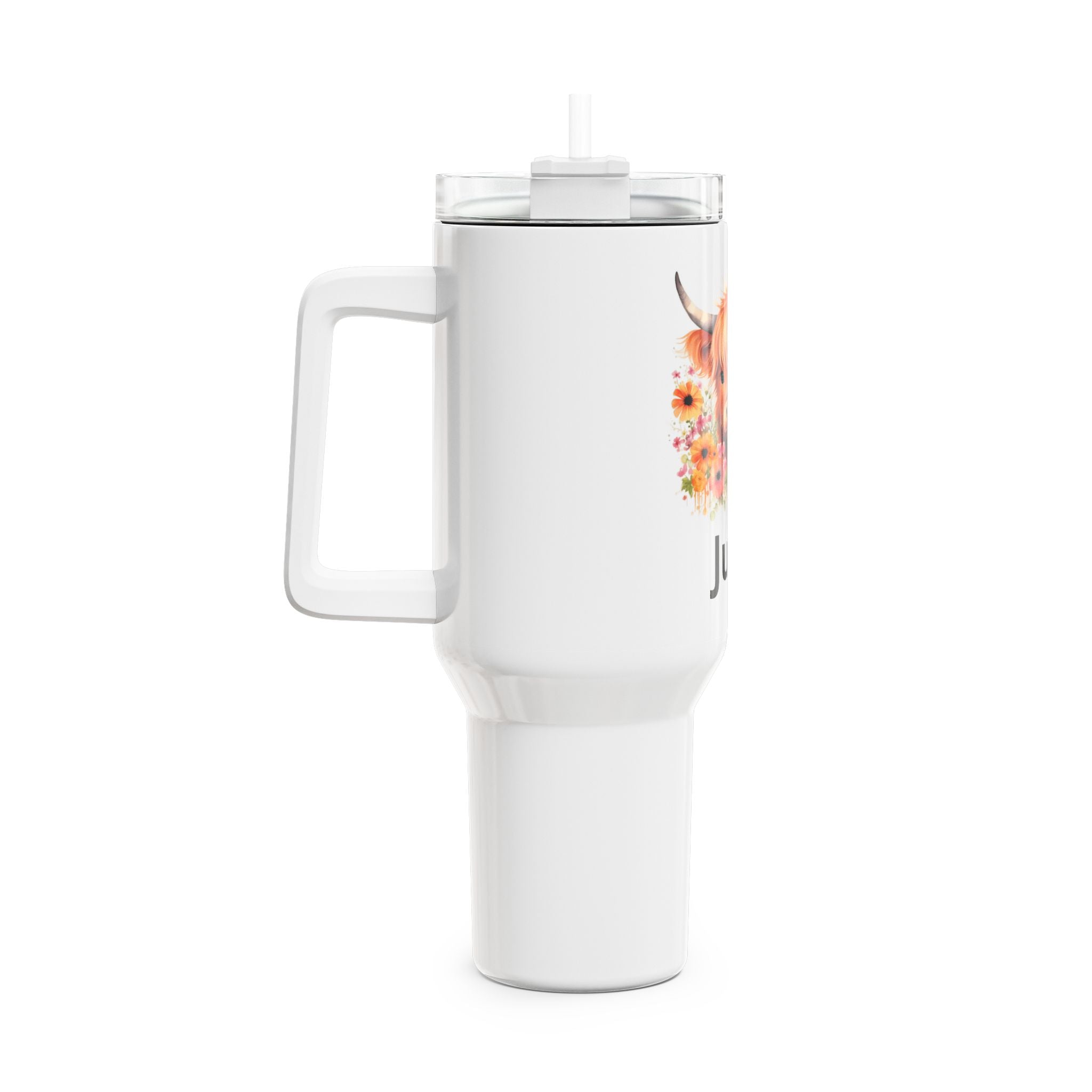 Personalized 40oz Tumbler – Cute Highland Cow Floral Design (Custom Name)