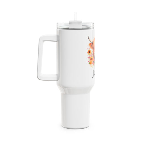 Personalized 40oz Tumbler – Cute Highland Cow Floral Design (Custom Name)