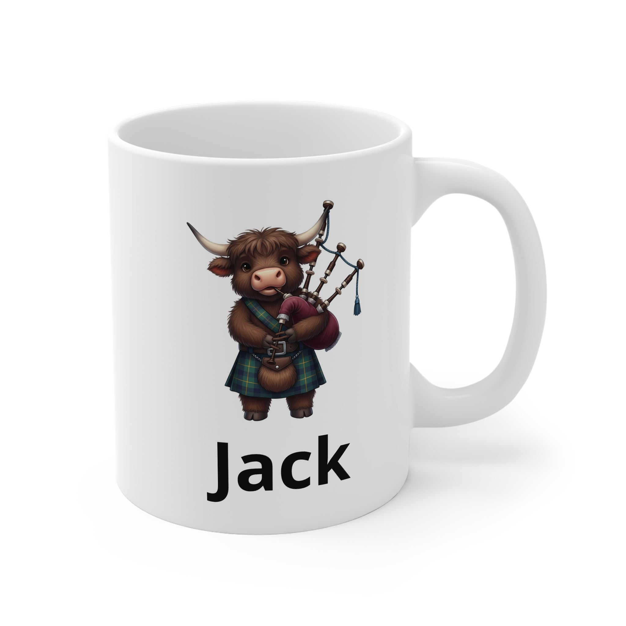 Scottish Cow Bagpipe Mug  green kilt — Personalized Name Coffee Cup