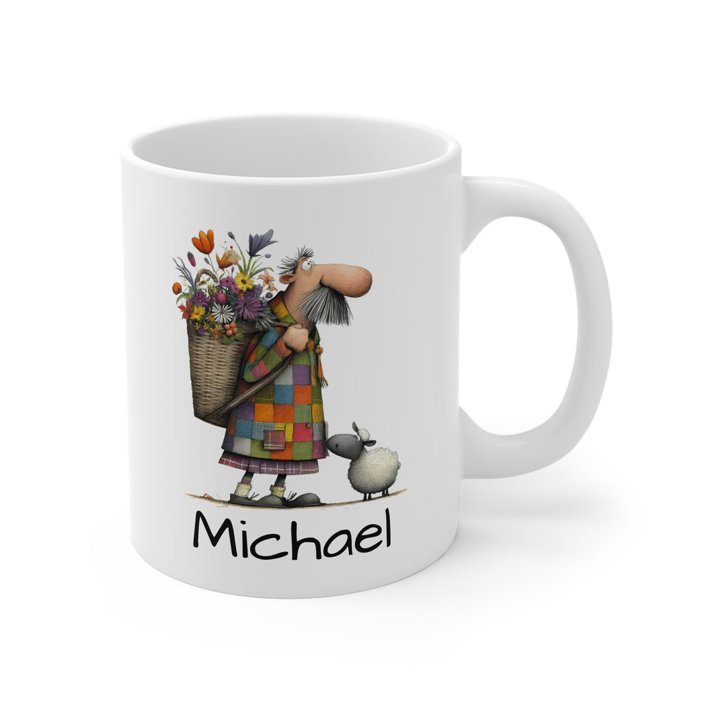 Scottish Man 11oz White Mug — Man Walking with Basket of Flowers