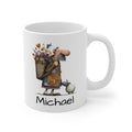 Scottish Man 11oz White Mug — Man Walking with Basket of Flowers
