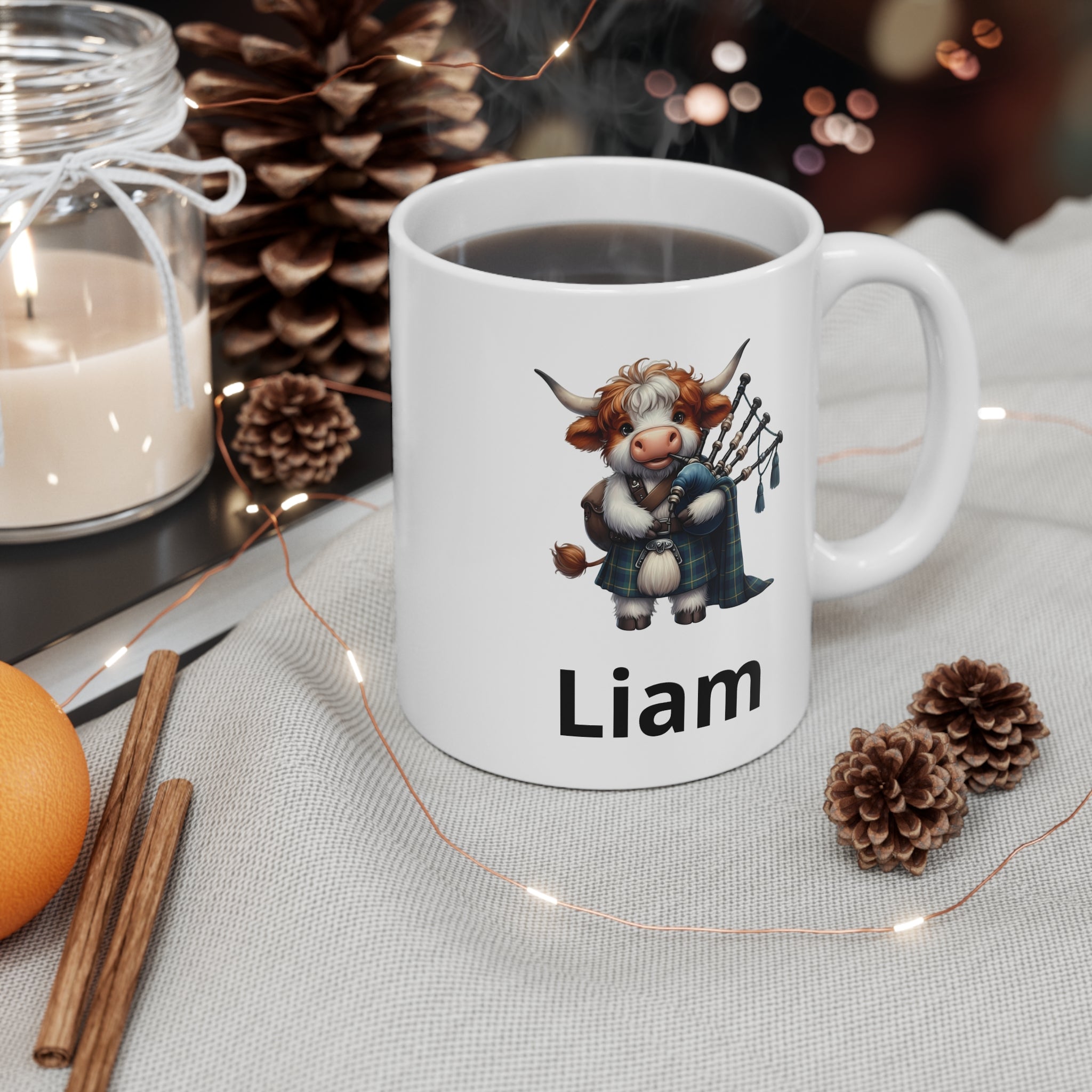 Scottish Cow Bagpipe Mug  - Personalized Name Coffee Cup
