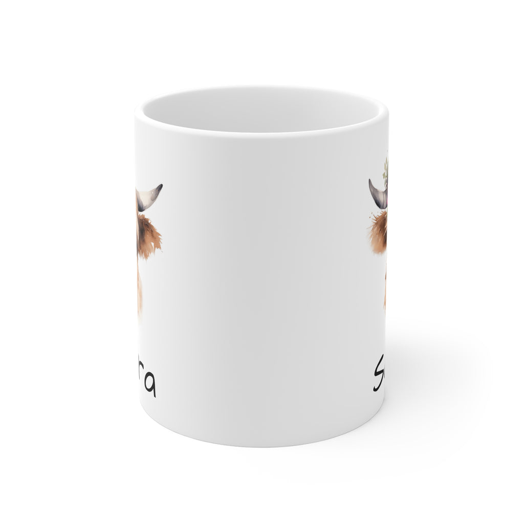 Personalized Highland Cow Mug — Floral Cow Coffee Cup with Name (e.g., Sandra)