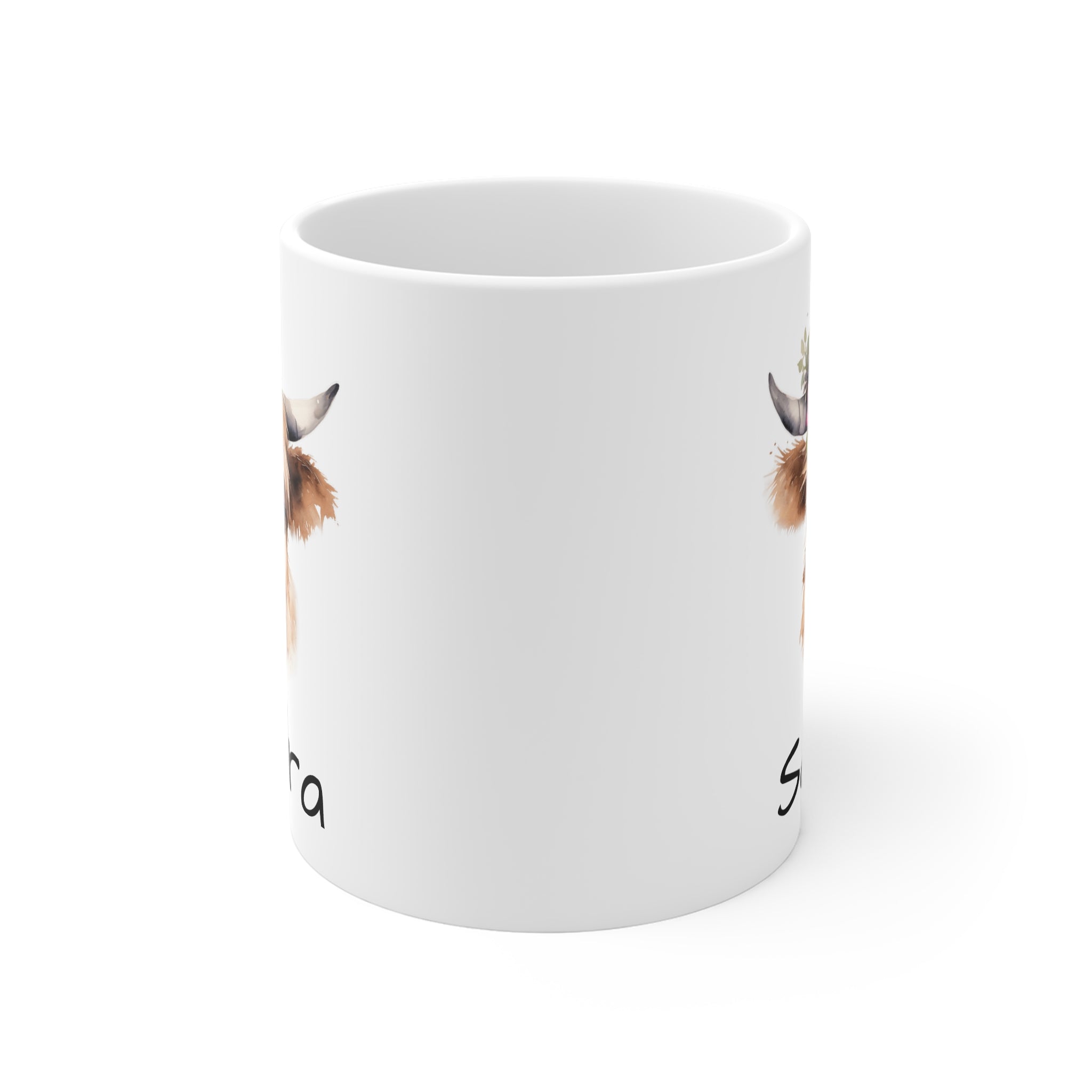 Personalized Highland Cow Mug — Floral Cow Coffee Cup with Name (e.g., Sandra)