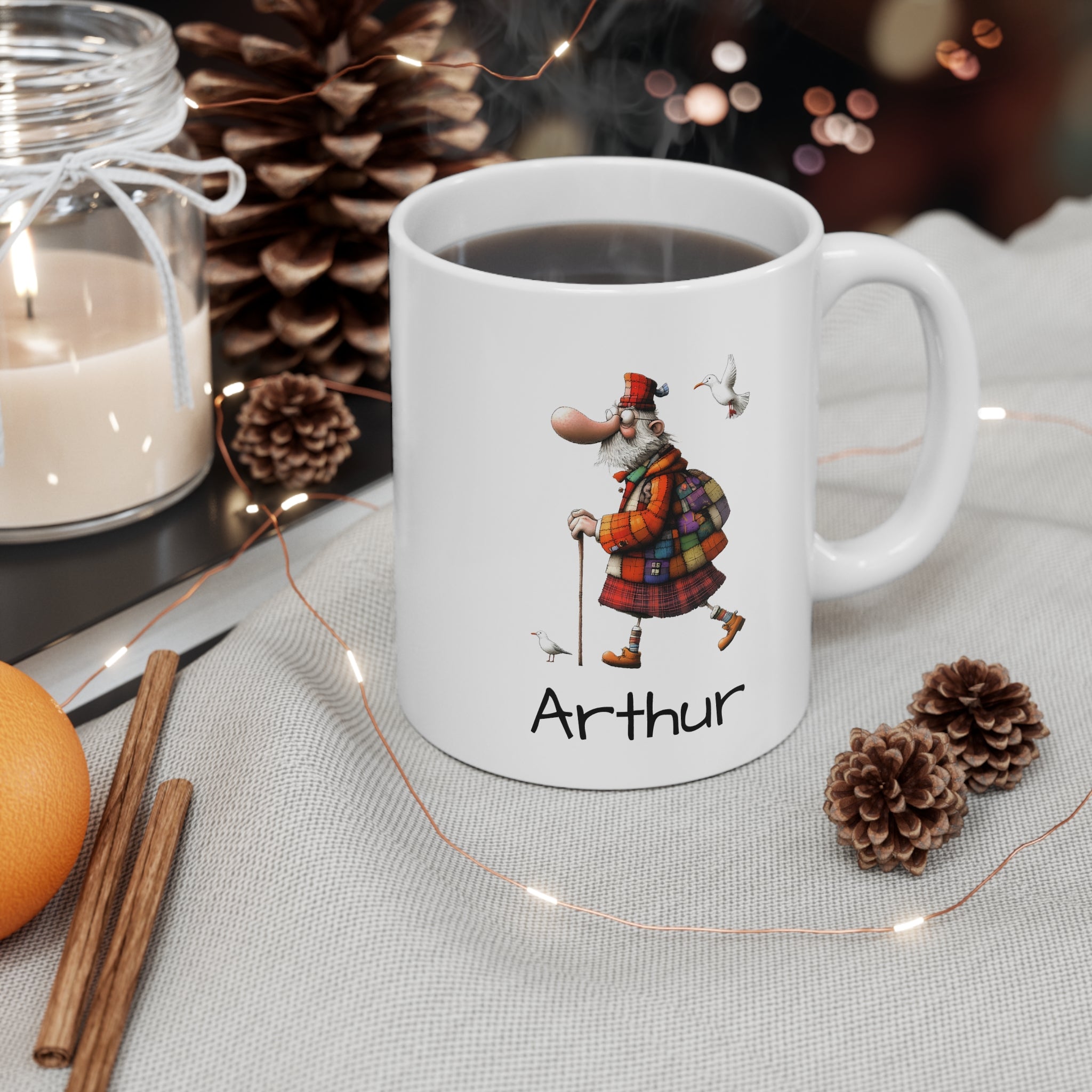 Personalised Scottish Hiking Mug — Scottish Man & Seagull Design (11oz White)