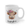 Personalized Highland Cow Mug — Floral Cow Coffee Cup with Name (e.g., Sandra)
