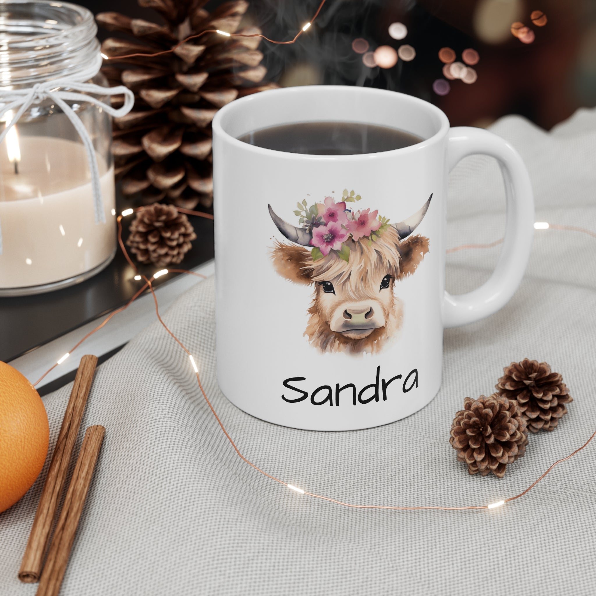Personalized Highland Cow Mug — Floral Cow Coffee Cup with Name (e.g., Sandra)