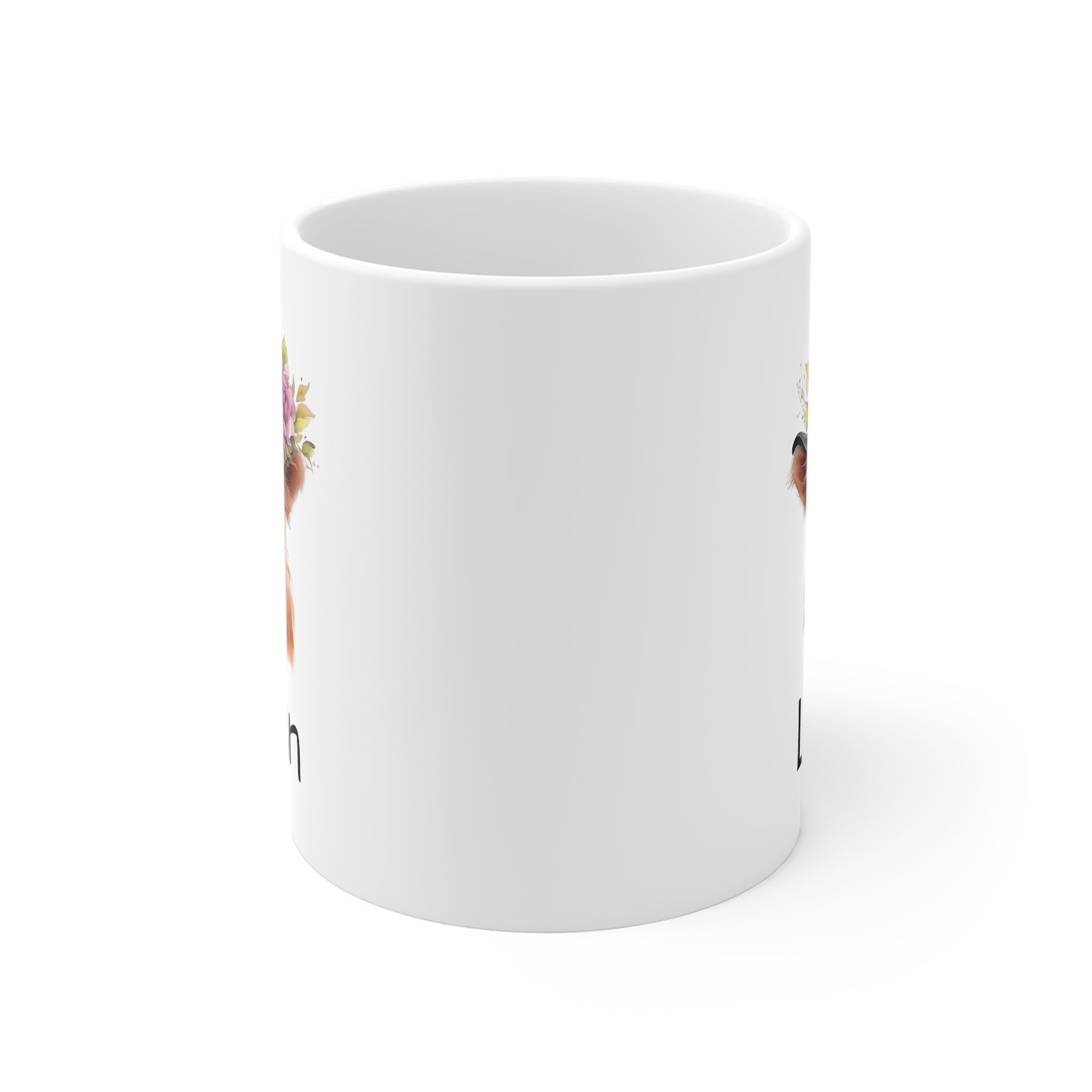 Personalized Highland Cow Mug — Floral Cow Coffee Cup with Name (e.g., Lynn)