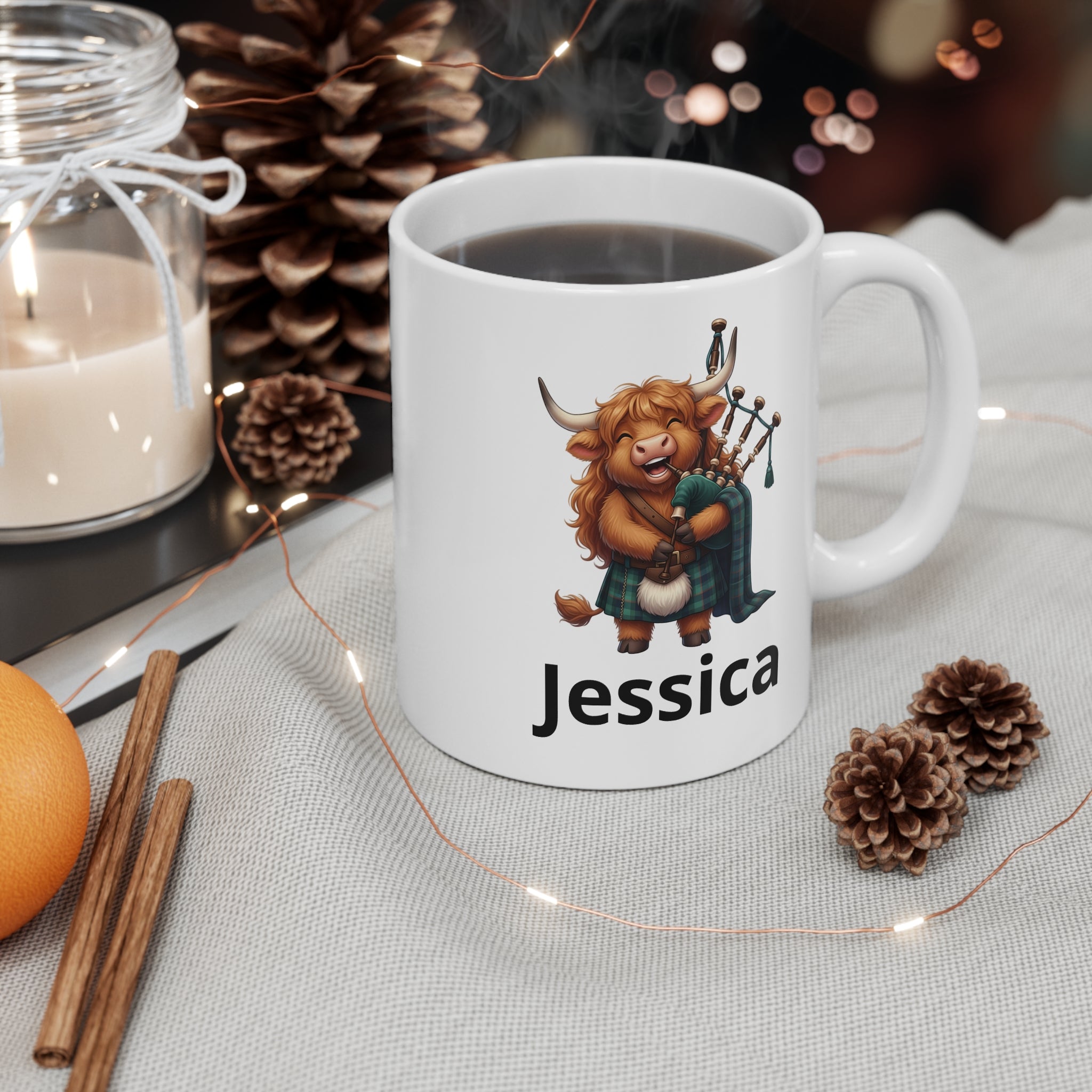 Scottish Laughing Cow Bagpipe Mug   - Personalized Name Coffee Cup
