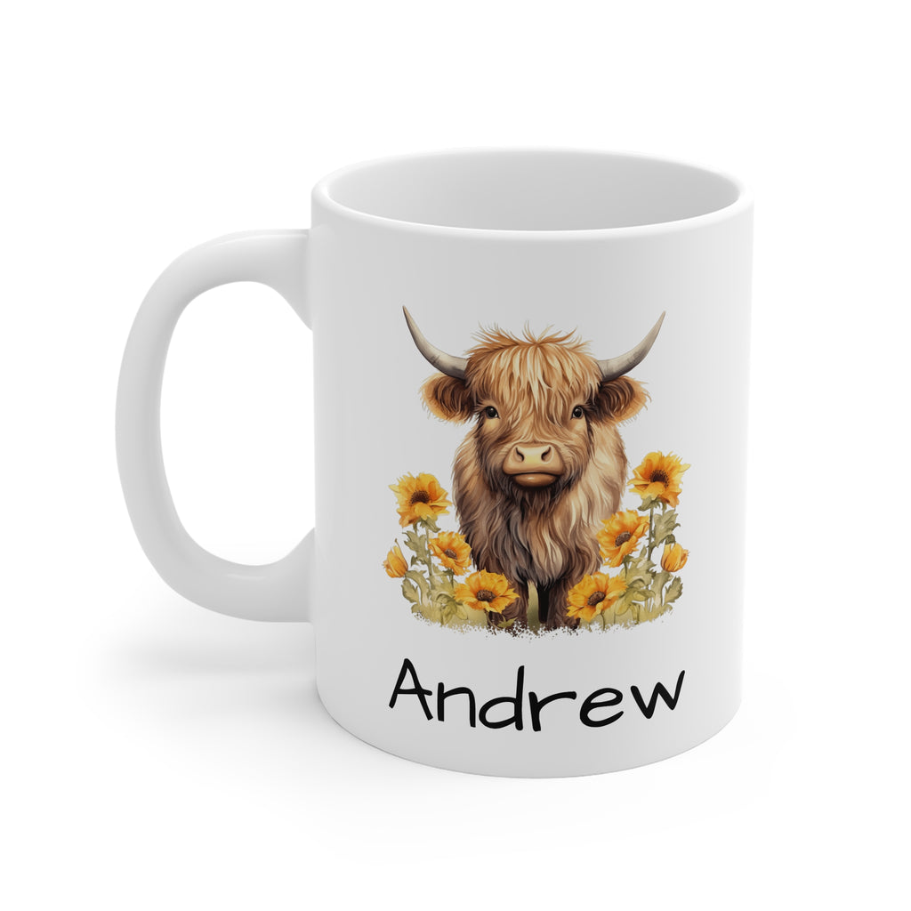 Personalized Highland Cow Mug — Floral Cow Coffee Cup with Name (e.g., Andrew)