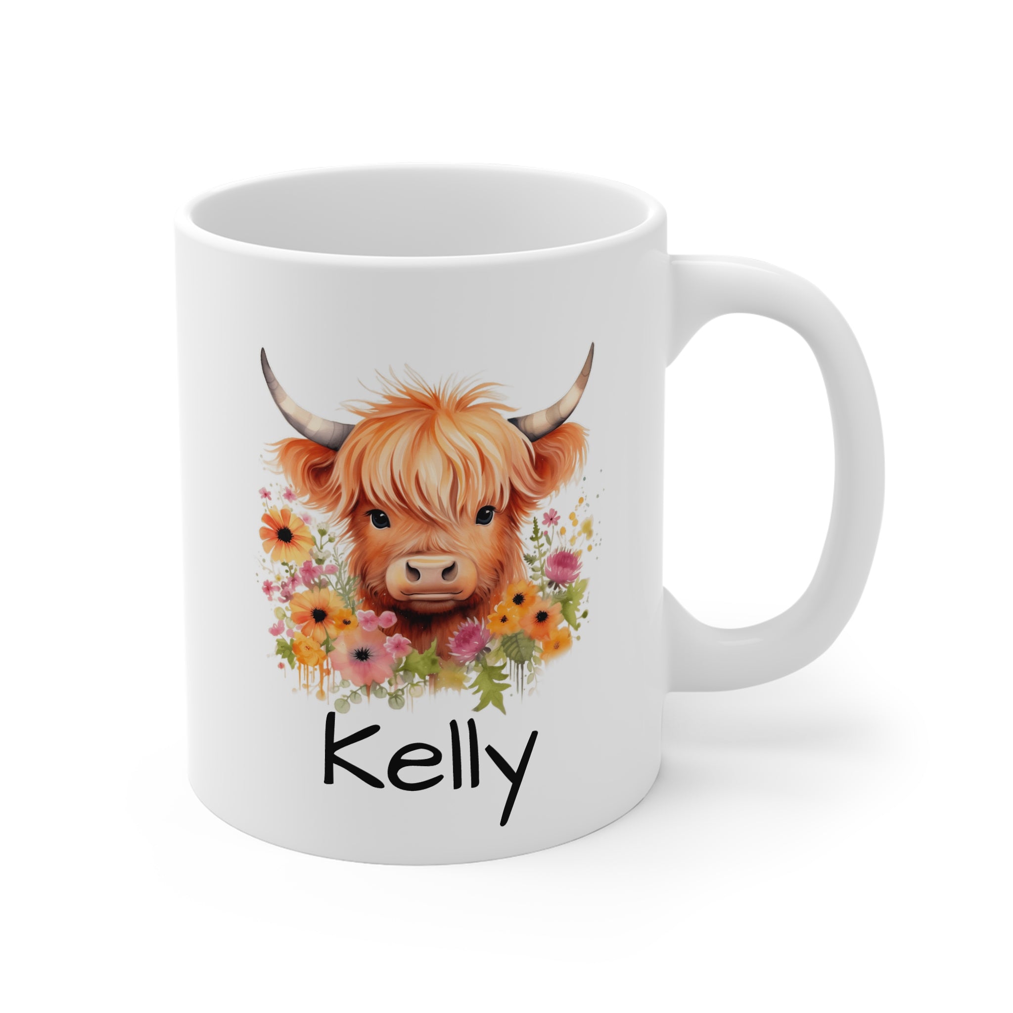 Personalized Highland Cow Mug — Floral Cow Coffee Cup with Name (e.g., Kelly)