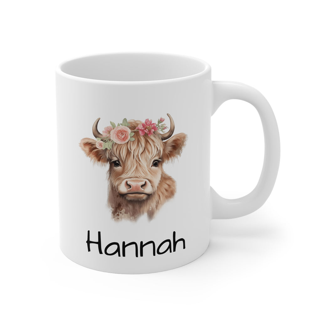 Personalized Highland Cow Mug — Floral Cow Coffee Cup with Name (e.g., Hannah)