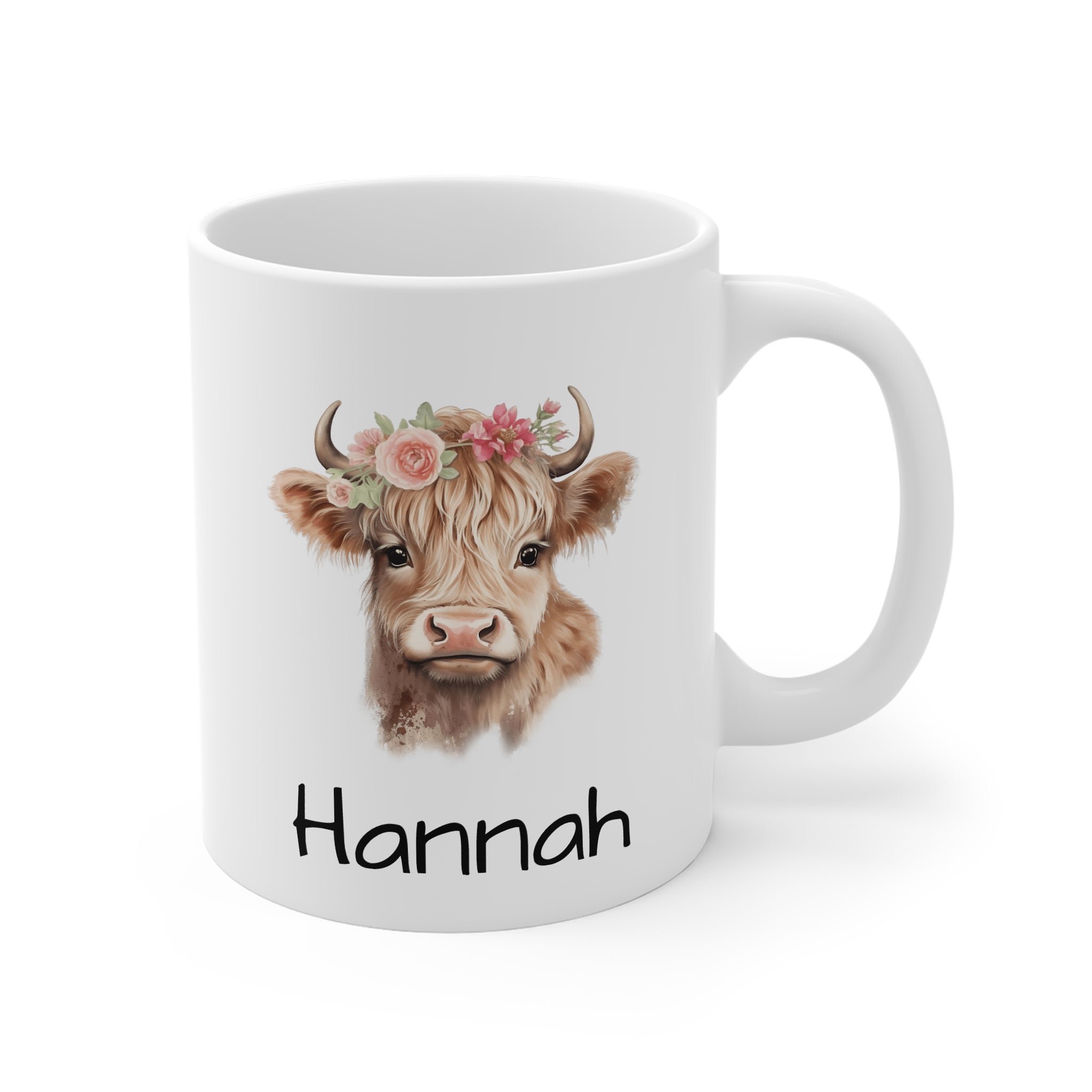 Personalized Highland Cow Mug — Floral Cow Coffee Cup with Name (e.g., Hannah)