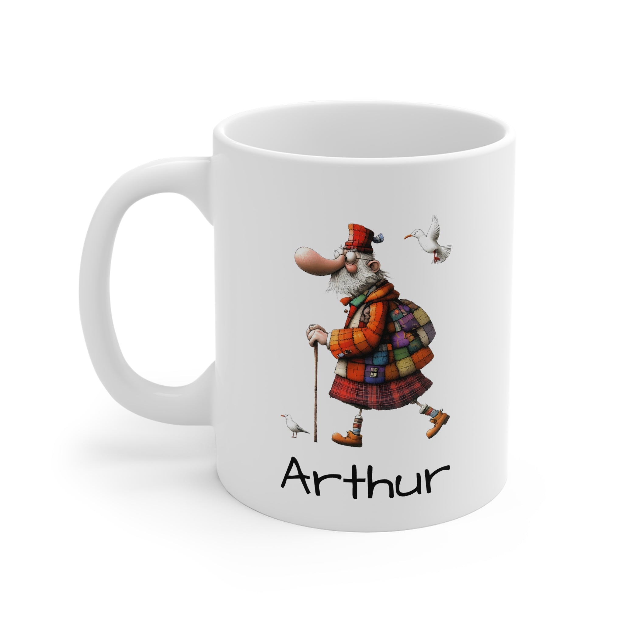 Personalised Scottish Hiking Mug — Scottish Man & Seagull Design (11oz White)