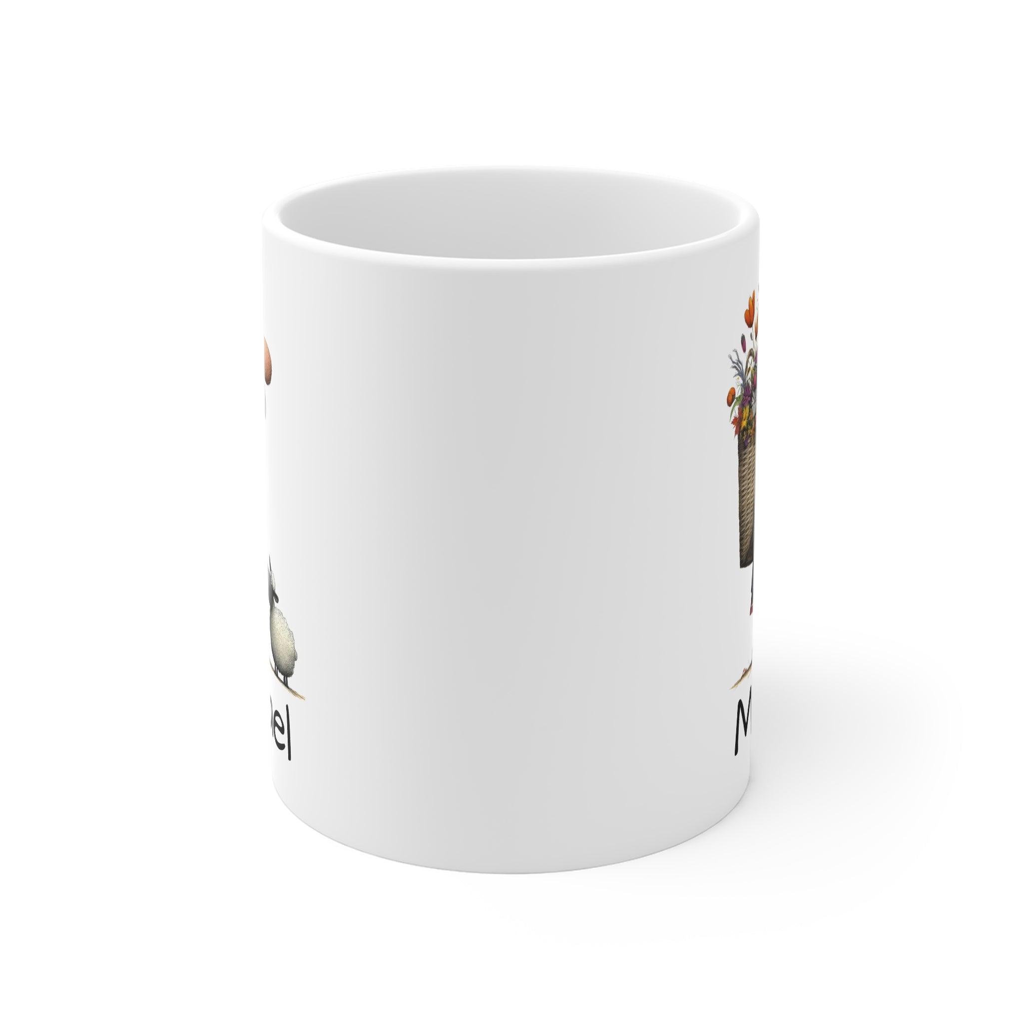 Scottish Man 11oz White Mug — Man Walking with Basket of Flowers