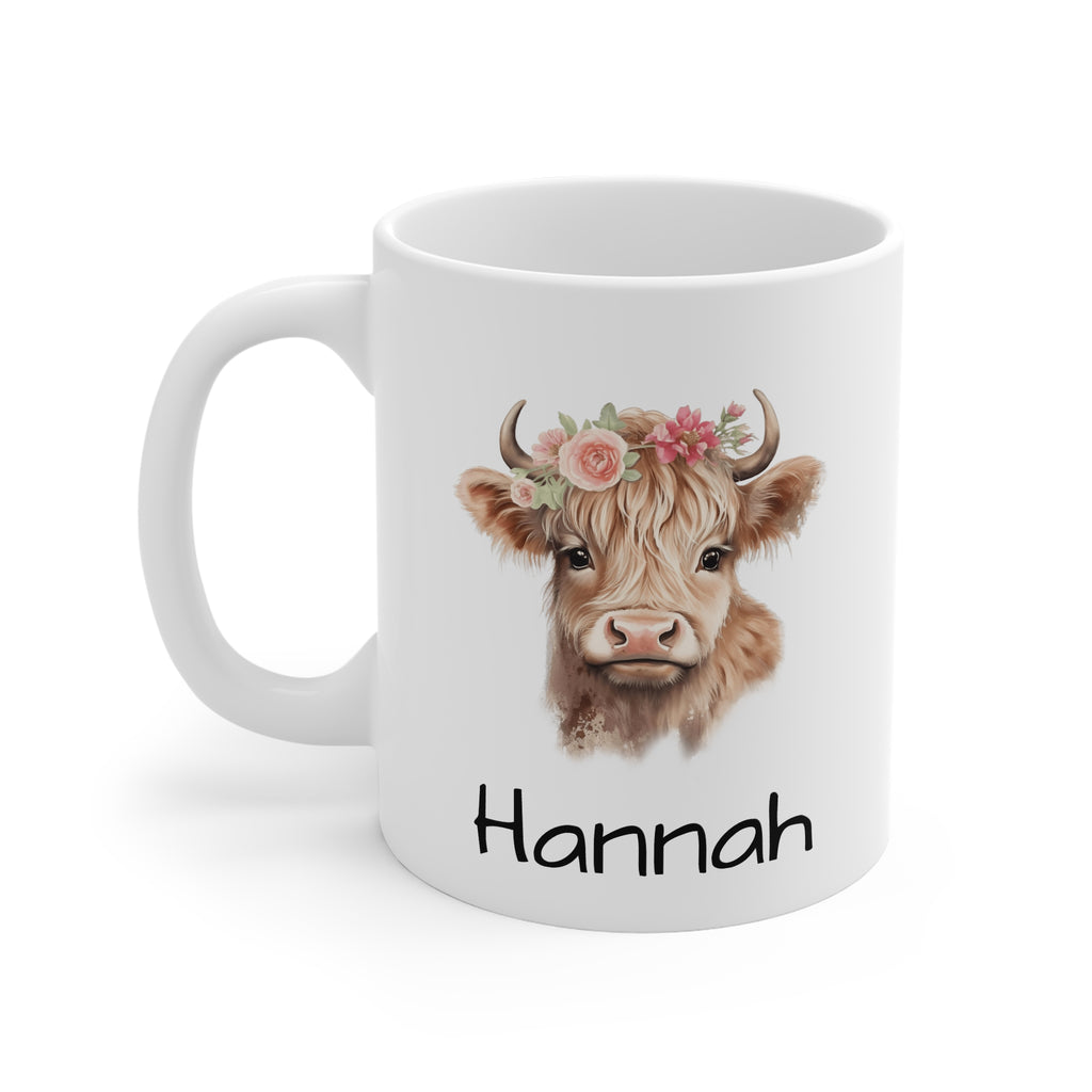 Personalized Highland Cow Mug — Floral Cow Coffee Cup with Name (e.g., Hannah)