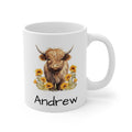 Personalized Highland Cow Mug — Floral Cow Coffee Cup with Name (e.g., Andrew)