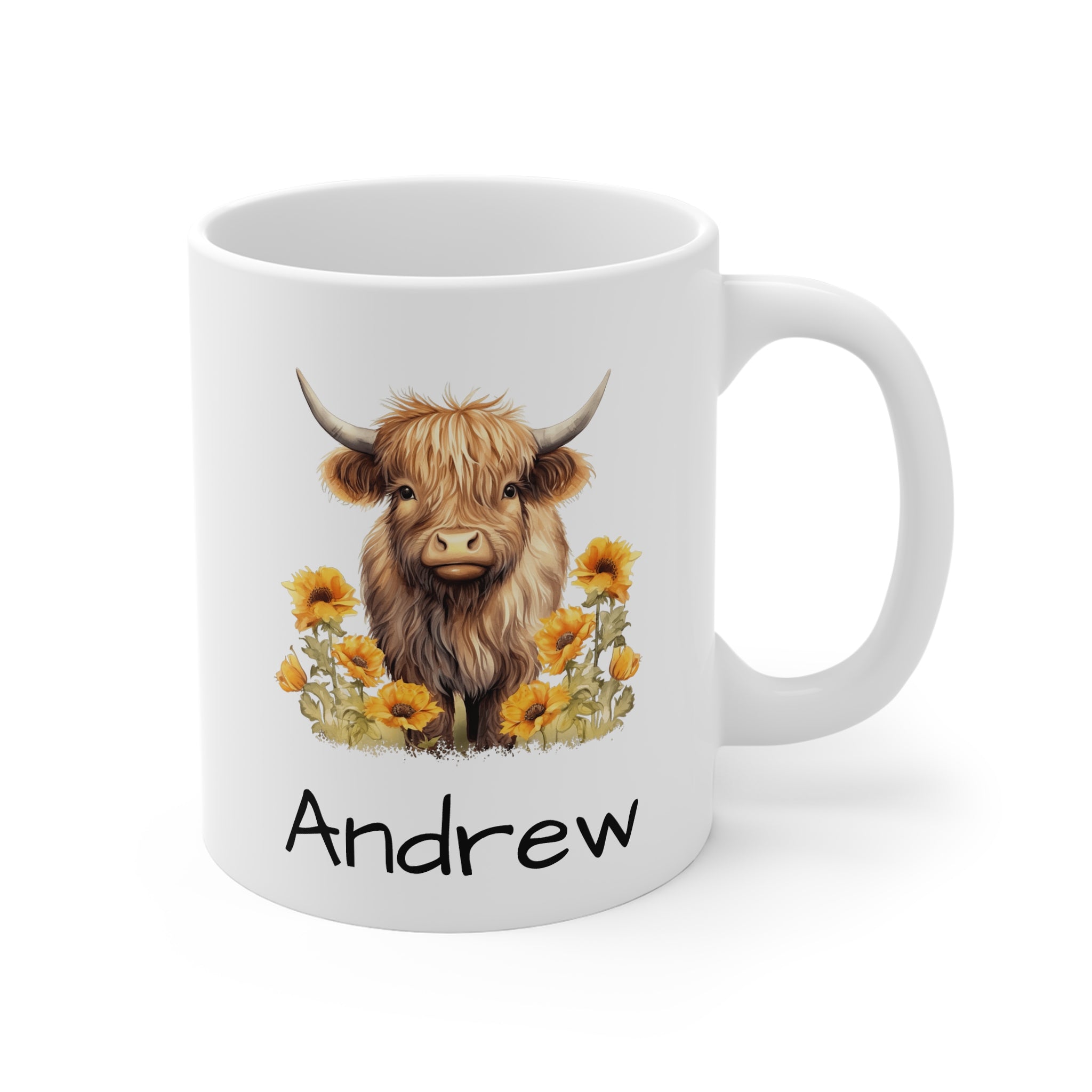 Personalized Highland Cow Mug — Floral Cow Coffee Cup with Name (e.g., Andrew)