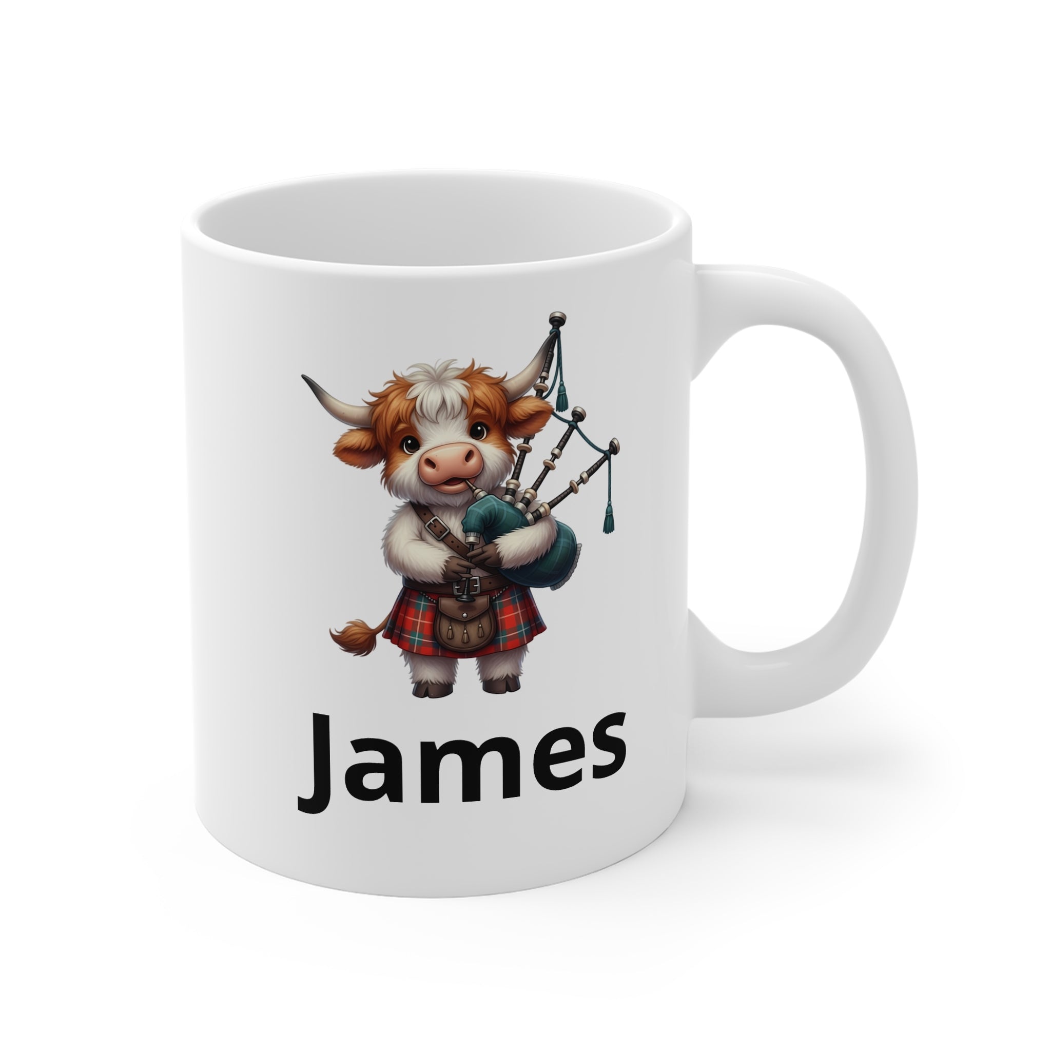 Scottish Cow Bagpipe Mug — Personalized Name Coffee Cup