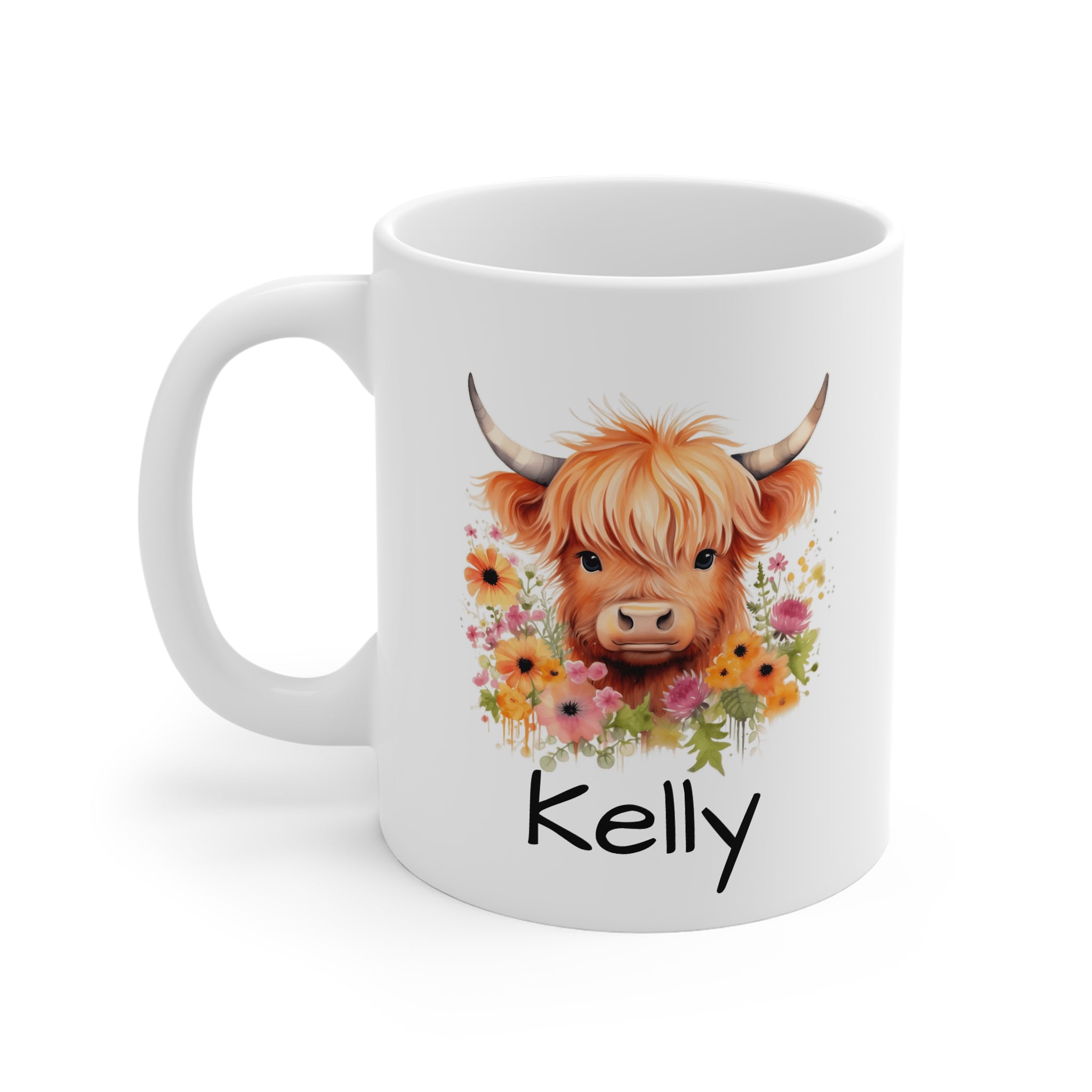 Personalized Highland Cow Mug — Floral Cow Coffee Cup with Name (e.g., Kelly)