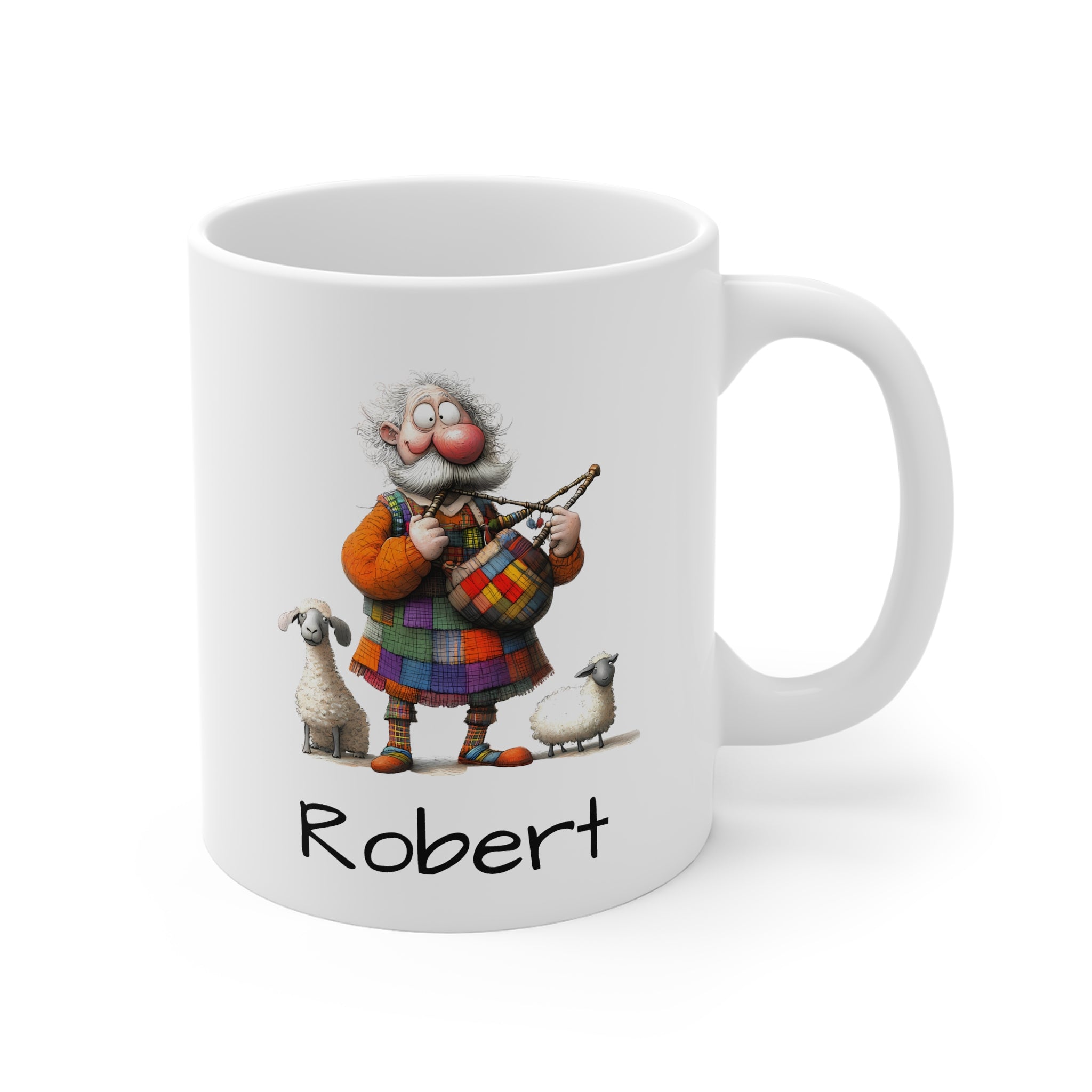 Scottish Bagpipe Mug — Personalized "Scottish Man & Sheep" 11oz White