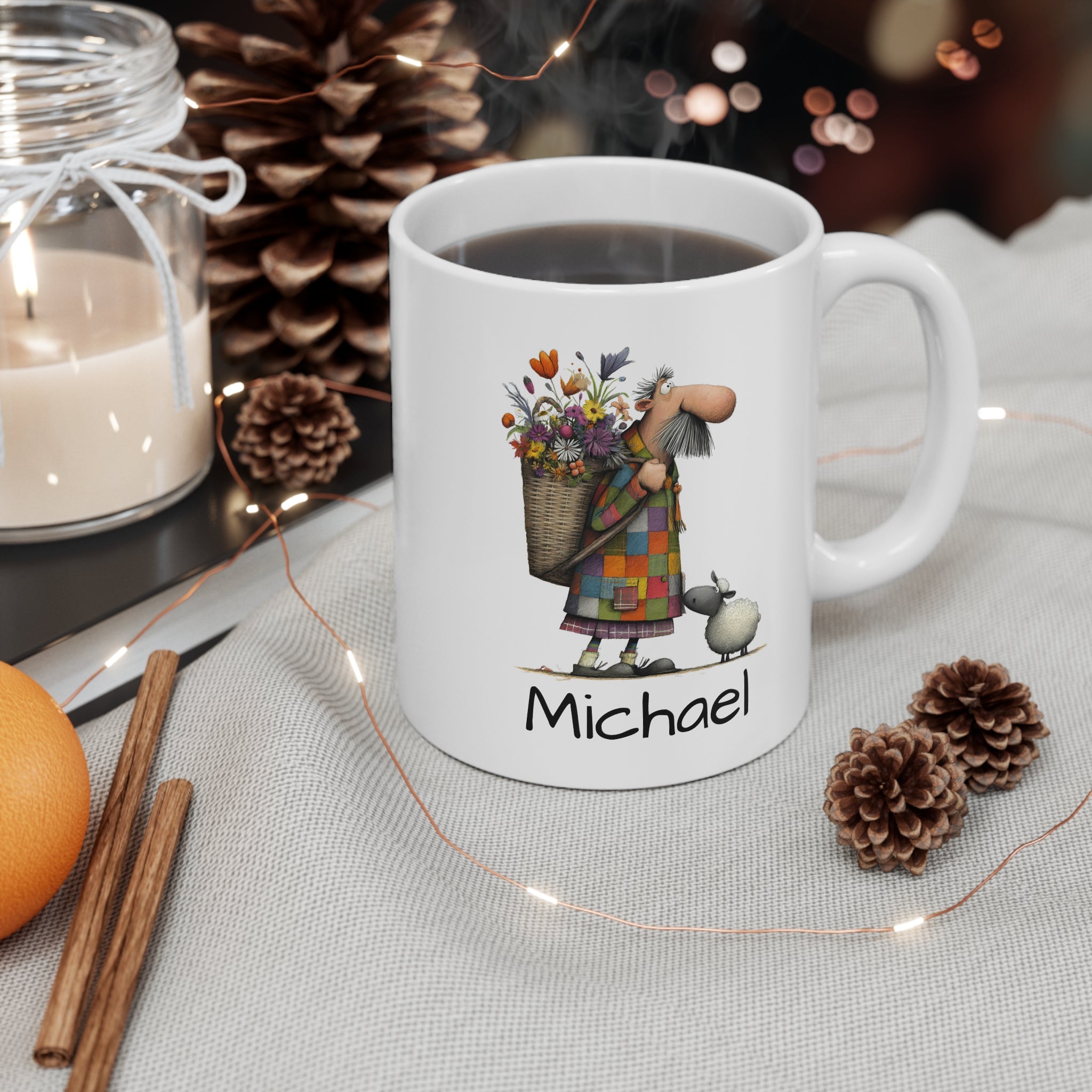 Scottish Man 11oz White Mug — Man Walking with Basket of Flowers