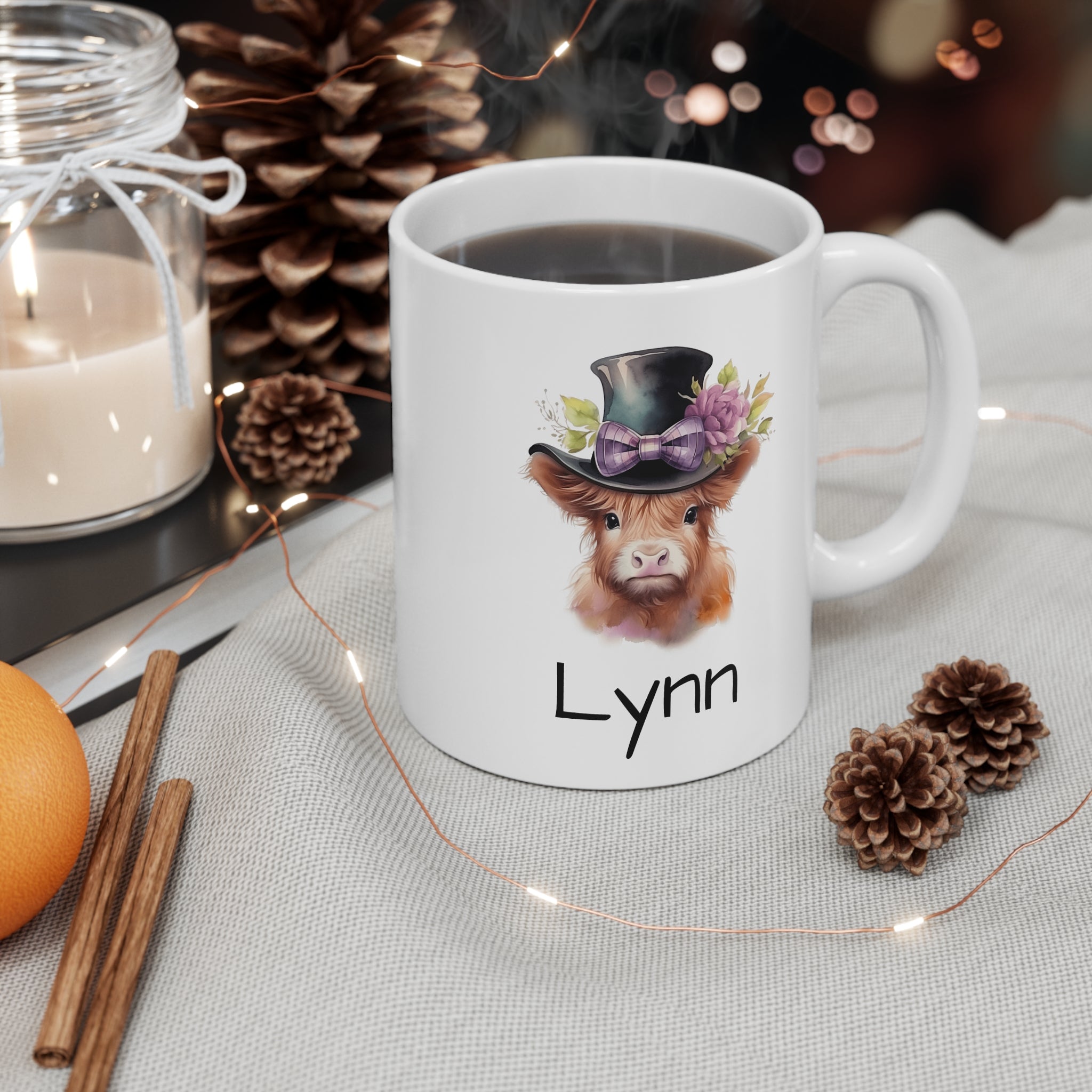 Personalized Highland Cow Mug — Floral Cow Coffee Cup with Name (e.g., Lynn)
