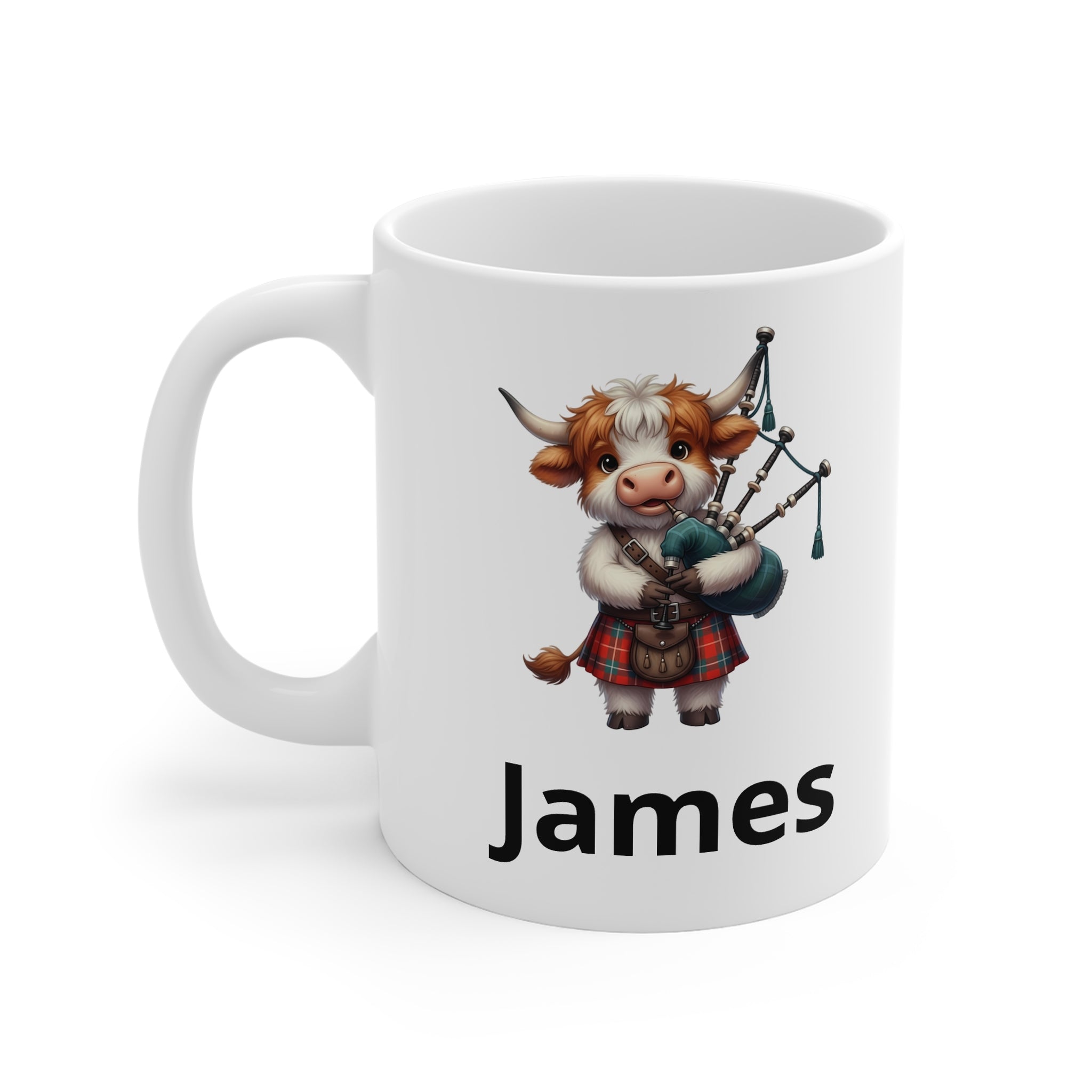 Scottish Cow Bagpipe Mug — Personalized Name Coffee Cup